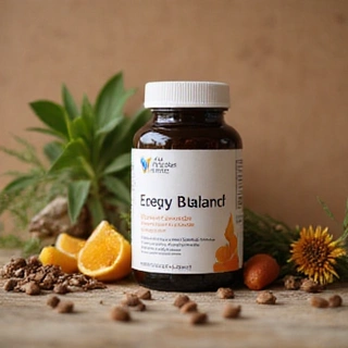 Energy Balance Complex supplement bottle with natural ingredients on organic texture
