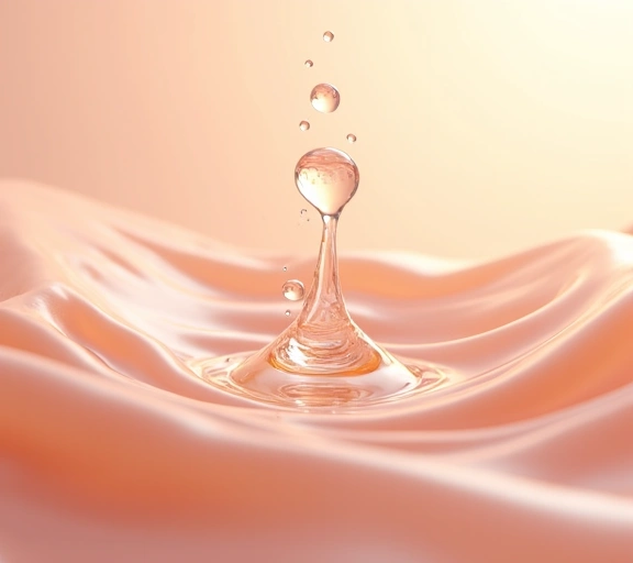 Skincare serum with hyaluronic acid drops on soft skin-like background