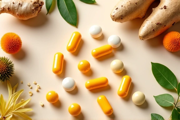 Natural supplement capsules with herb elements and wellness ingredients